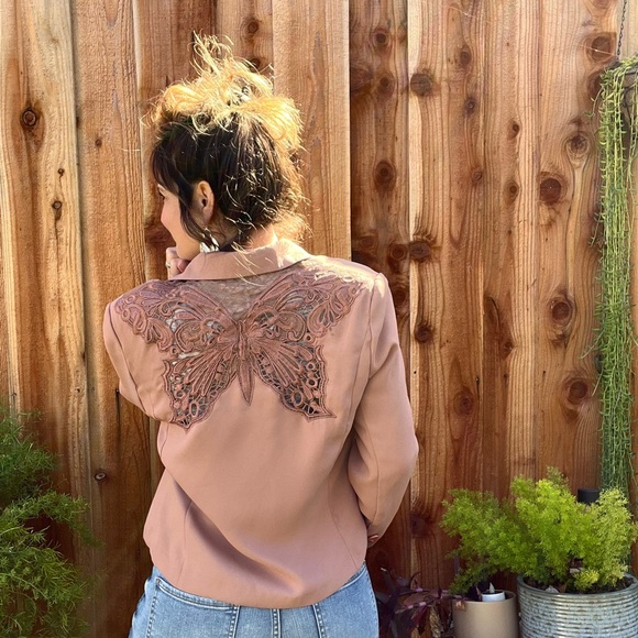 Vintage 90s Mauve Mesh Lace Butterly Back Copped Blazer Jacket 🌿 - Picture 11 of 15